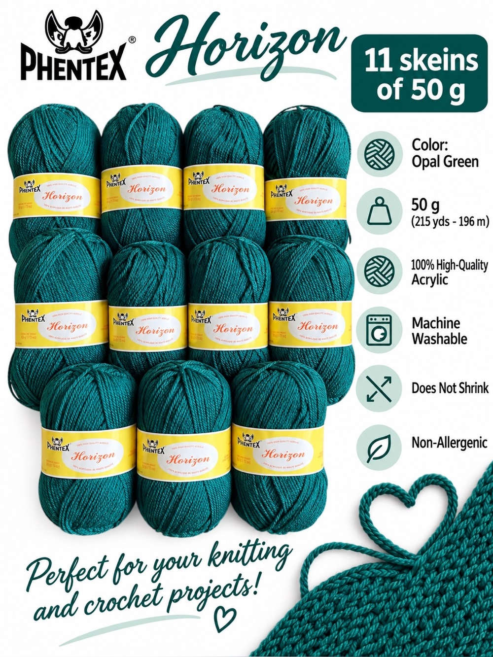 Phentex Horizon Acrylic Yarn - Green Opal - Vintage - 11 Skeins